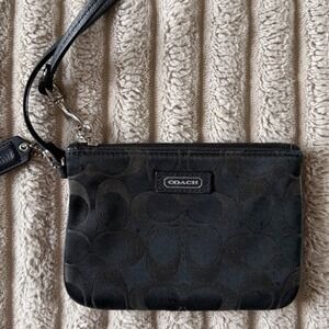 Coach Signature Jacquard Wristlet Black Canvas Leather Trim Silver Hardware